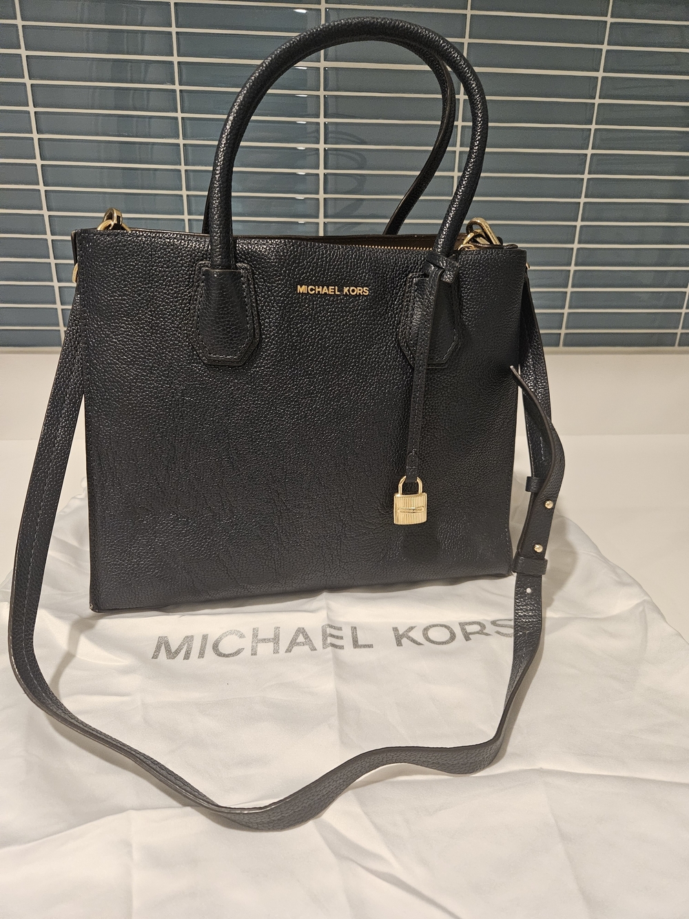 Michael Kors Black Leather Tote with Gold Lock Accent
